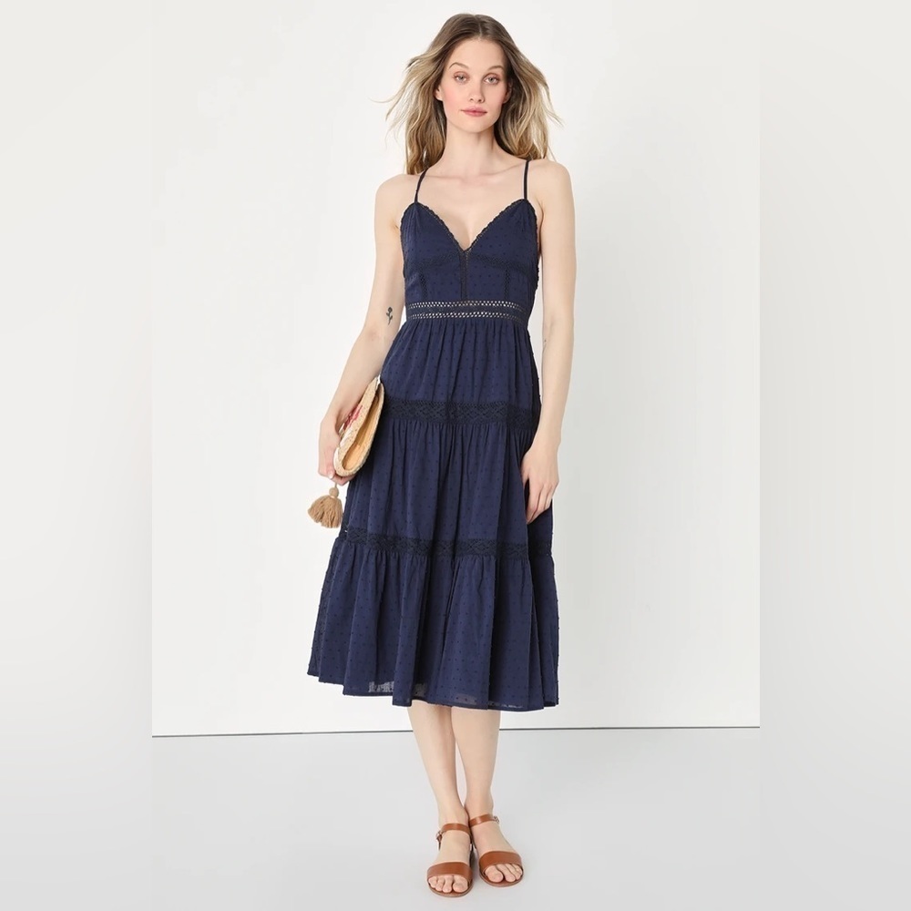 056 NWT Summery Sight Navy Swiss Dot Lace Backless Tiered Midi Dress